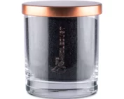 Bougie sable noire design luxe en verre transparent avec couvercle cuivre