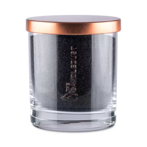 Bougie sable noire design luxe en verre transparent avec couvercle cuivre
