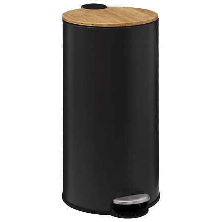 Poubelle à pédale design noire 30L avec couvercle bambou pour cuisine moderne